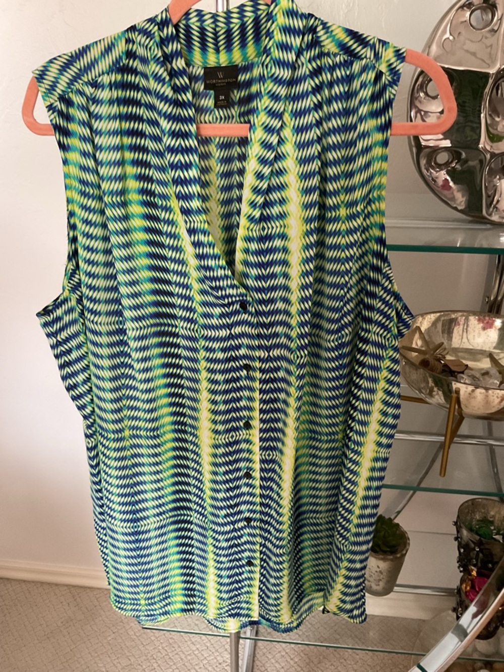 Worthington Sleeveless V-Neck Button Front Top in Blue and Lime Green